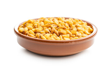 Roasted salted corn snack in bowl isolated on white background.