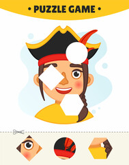 Educational game for kids.  The study of geometric shapes. Puzzles for preschoolers.  Vector illustration of a cute girl in a pirate costume.

