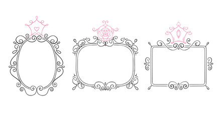 Princess frame set. Royal mirror frames and majestic prince doodle borders. Cute crown border. Outline vector illustration. 