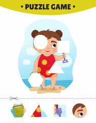 Educational game for kids.  The study of geometric shapes. Puzzles for preschoolers.  Vector illustration of a cute girl on the beach with a bucket.