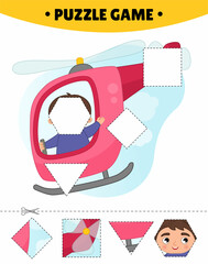 Educational game for kids.  The study of geometric shapes. Puzzles for preschoolers.  Vector illustration of a cute boy flying in a helicopter.
