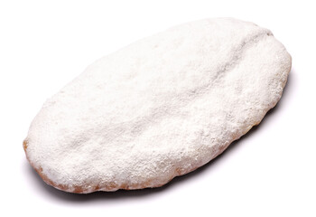 Traditional Christmas stollen cake with marzipan and dried fruit isolated on white background