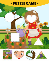 Fototapeta premium Educational game for kids. The study of geometric shapes. Puzzles for preschoolers. Illustration of cute little girl is watering a garden with carrots. 