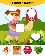 Educational game for kids.  The study of geometric shapes. Puzzles for preschoolers.  Illustration of a cute girl picking strawberries in a wicker basket.