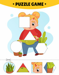 Educational game for kids. Cut out the pieces and glue them in the right place. The study of geometric shapes. Puzzles for preschoolers. Illustration of a cute little girl watering flowers.