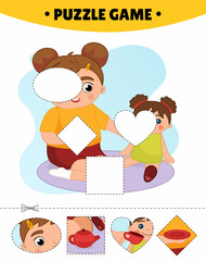 Educational game for kids. Cut out the pieces and glue them in the right place. The study of geometric shapes. Puzzles for preschoolers. Illustration of a cute girl playing with a doll in a tea party.