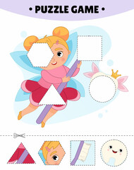 Educational game for kids. Cut out the pieces and glue them in the right place. The study of geometric shapes. Puzzles for preschoolers. Illustration of a cute tooth fairy with a brush in her hands.
