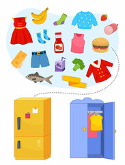 Matching children educational game. Put food in the fridge and clothes in the closet. Activity for pre sсhool years kids and toddlers.

