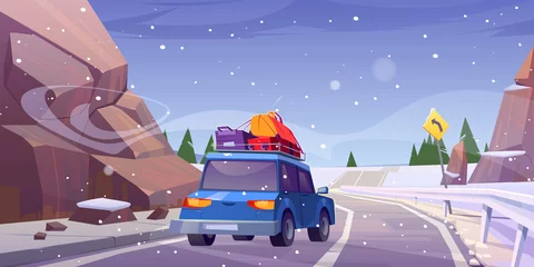 Poster Winter landscape with car with luggage drive on road. Vector cartoon illustration of roadtrip, vacation travel. Nature scene with mountains, trees, snow and auto with baggage on roof on highway © klyaksun