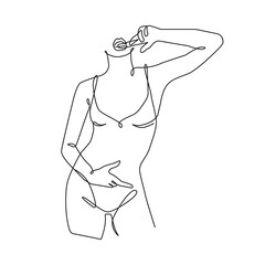 Female Figure Continuous Line Drawing. Woman Body One Line Abstract Illustration. Naked Woman Print. Minimalist Contour Drawing. Vector EPS 10. 