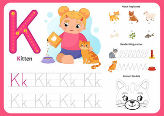 Handwriting practice sheet. Basic writing. Educational game for children. Worksheet for learning alphabet. Letter K.