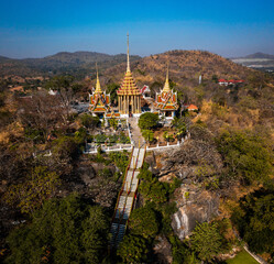 Aerial view of Wat Khao Phra Si Sanphet, temple on top of the hill, in Suphan Buri, Thailand