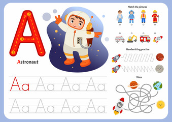 Handwriting practice sheet. Basic writing. Educational game for children. Worksheet for learning alphabet. Letter A. Illustration of cute boy astronauts.
