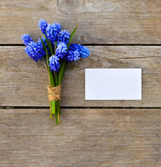 Bouquet of small blue Muscari flowers tied with gray thread with a white card lies on a wooden background, a place for your design