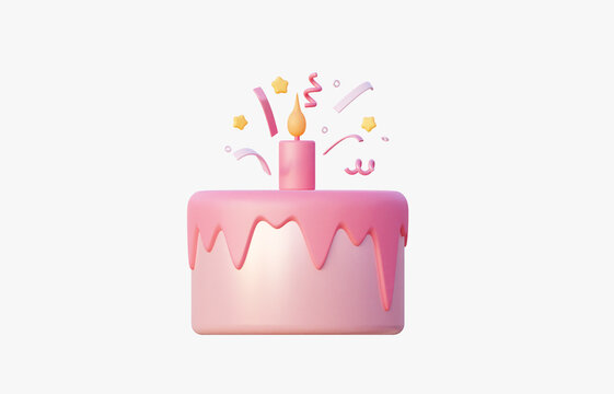 Cute pink cake with candle and confetti. An icon for a website or printing. 3D rendering illustration. The concept of birthday celebration.