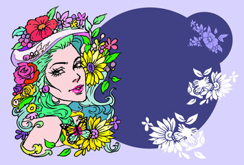 Woman and flower-purple romantic vector for card illustration background