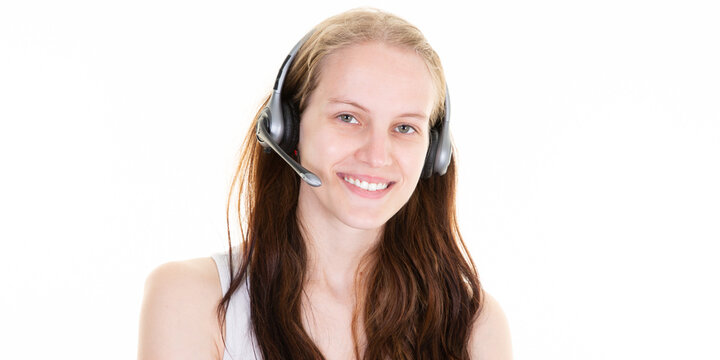 Woman Happy In Call Center Tele Phone Marketer In Office On White Background