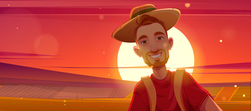 Portrait of happy young man on background of rural landscape and evening sun. Vector cartoon illustration of guy with red hair, beard and hat making self photo at sunset