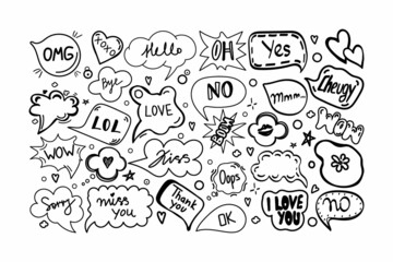 A set of speech bubbles with hand-drawn dialogue words in doodle style. Hello, love, sorry, love, I love you, kiss, no, bye, OMG, kiss trail, boom, lol. Speech patterns. Vector illustration.