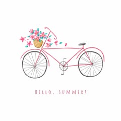 Cute bike with a basket of flowers. The inscription "Hello, summer!". White background. Stock illustration.