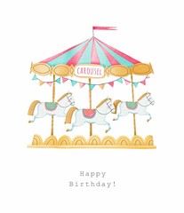 Cute cartoon carousel with white horses. A greeting card. The inscription "Happy birthday!". White background. Stock illustration. © marina draws