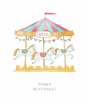 Cute cartoon carousel with white horses. A greeting card. The inscription "Happy birthday!". White background. Stock illustration.
