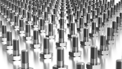 Many bolts in rows and columns, going far to the horizon. Industrial background 3d illustration