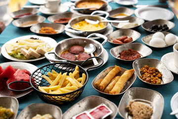 Turkish traditional breakfast, many different tasty dishes on table.View from top.Delicious food in Turkey