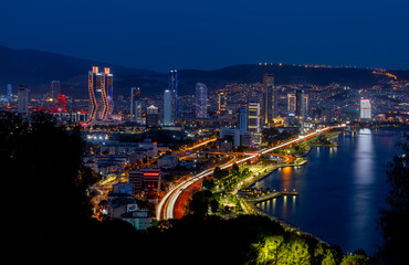 Bayrakli, Karsiyaka, Izmir, Turkey : May 2, 2022, View of Izmir Bay in the evening from the high...