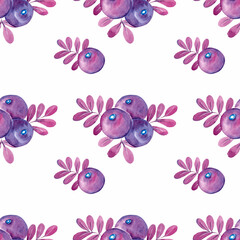 Seamless watercolor pattern of wild blueberries