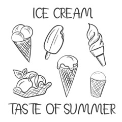 A hand-drawn ice cream set, outline style. Composition for summer cafe