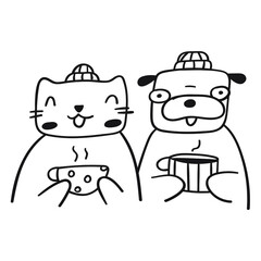 Cat and dog drink coffee. Outline vector illustration on white background.