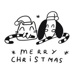 Merry Christmas. Cat and dog. Outline illustration.