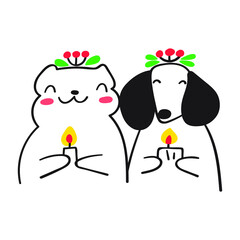 Cat and dog holding candles at Christmas eve. Outline vector illustration.