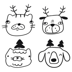 Cats and dogs with Christmas trees and deer horns on heads.  
Set of vector outline icons on white background.