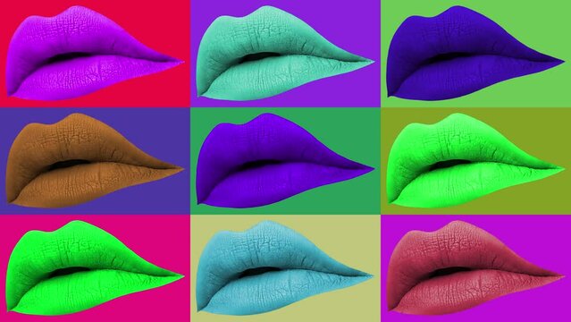 Modern creative concept video 4K.Contemporary art background with colored lips and with geometric elements.Digital GIF texture backdrop.Trendy art, zine culture.Modern template for pop art, modernism.