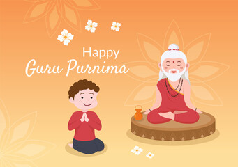Happy Guru Purnima of Indian Festival to Spiritual and Academic Teachers in Flat Cartoon Flower Background Illustration