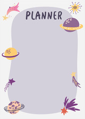 Planning list with space. Planner with spaceships, stars and planets. Template for agenda, schedule, notebooks, cards. Cartoon Vector illustration.