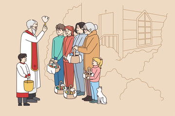 Priest holding aspersorium with holy water blessing people at church worship on Eater morning. Clergymen sanctify parishioners with aspergillum. Faith and religion. Vector illustration.  - obrazy, fototapety, plakaty
