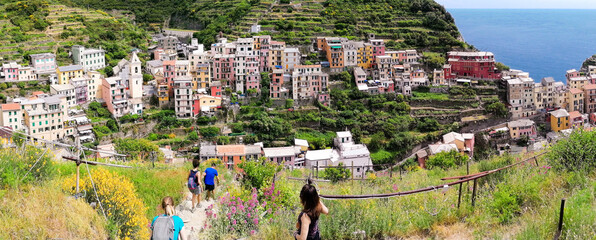 Italy Liguria La Spezia, the Cinque Terre Manarola panoramic view of the village overlooking the sea from the trekking route