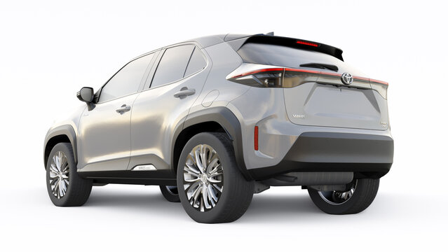 Tokyo, Japan. April 20, 2022: Toyota Yaris Cross 2020. Compact gray SUV with a hybrid engine and four-wheel drive for the city and suburban areas on a white isolated background. 3d illustration.