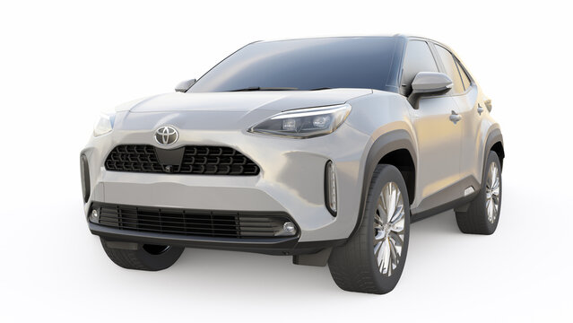 Tokyo, Japan. April 20, 2022: Toyota Yaris Cross 2020. Compact gray SUV with a hybrid engine and four-wheel drive for the city and suburban areas on a white isolated background. 3d illustration.
