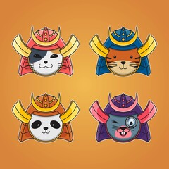Cute samurai animal set vector illustration