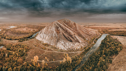 Aerial view of the popular attraction of Bashkortostan - Mount Shikhan, famous for its prehistoric...