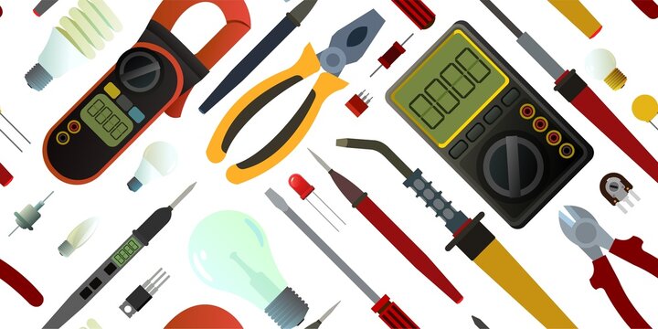 Tools for electrician. Repair of radio electronic and microprocessor equipment. Spare parts components and service. Isolated on white background. Seamless pattern. Vector