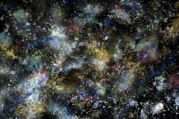Multi-colored watercolor stains and specks on a dark background. Space abstract watercolor background. Illustration.