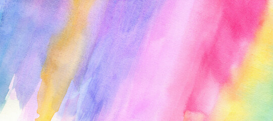 Colorful watercolor stripes are arranged at an angle. Abstract watercolor gradient rainbow background.