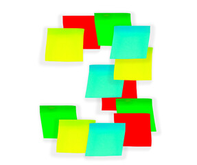 Digit 3 made of sticky stationery stickers