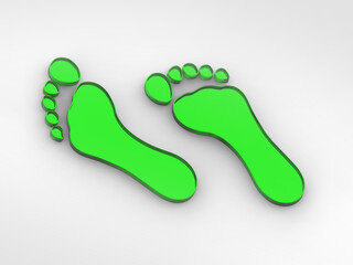 two green glass bare footprints. bare footprint close up. Horizontal image. 3D image. 3D rendering.
