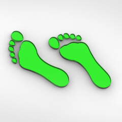 Fototapeta na wymiar two green glass bare footprints. bare footprint close up. Square image. 3D image. 3D rendering.